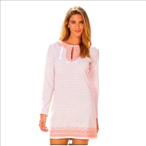 Cabana Life Coral Striped Long Sleeve Tunic Dress Embroidered Neck & Hem SPF50 M